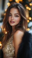 Fototapeta premium A young woman in a sparkling gold dress poses elegantly in front of twinkling festive lights during a winter evening celebration