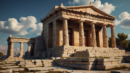 Obraz premium Ancient Greek temple ruins, sunlit exterior, stone columns, steps, and landscape.