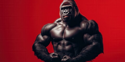 Fototapeta premium Imposing gorilla flexing muscles against a vivid red background showcasing strength and power in a striking display of animal physique