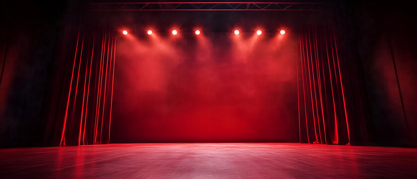 black, empty theatre filled with smoke; red abstract stage spotlights illuminating middle of empty scene & red curtins; hot, eye catching panoramic background perfect for product advertising