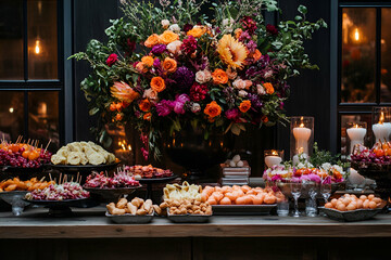 Catering appetizers and snacks displayed on an elegant buffet table