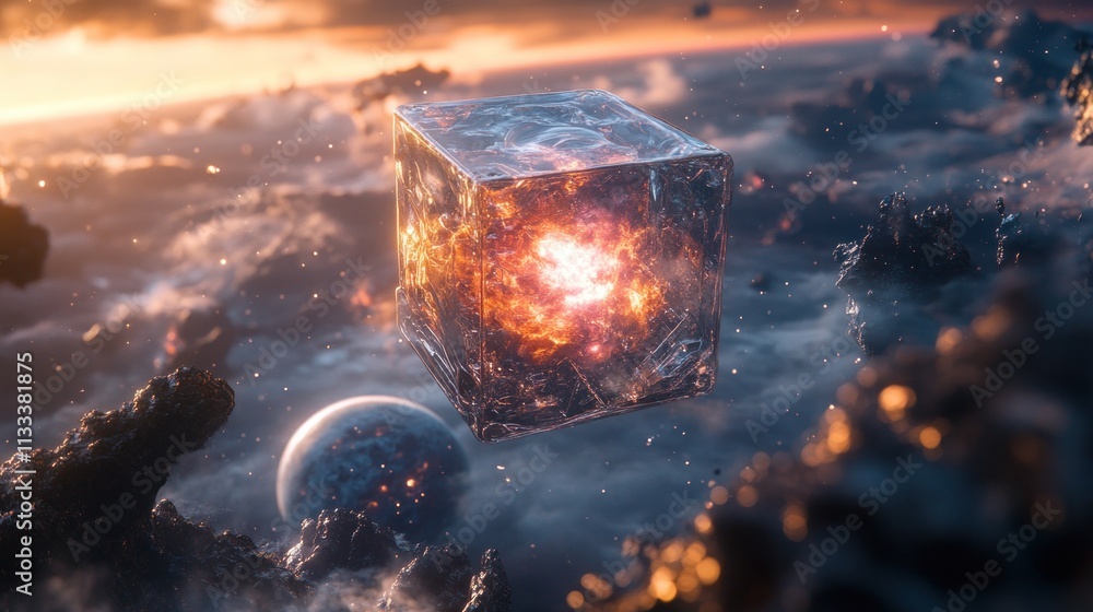 Poster a glowing cube in space, surrounded by cosmic elements and a distant planet.