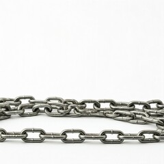 Fototapeta premium A close-up of a metal chain, isolated against a white background. The chain is linked together in a series of interlocking loops. chain with padlock isolated on white 