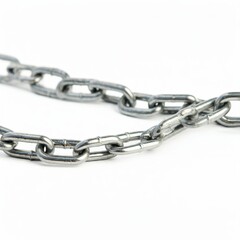 Fototapeta premium A close-up of a metal chain, isolated against a white background. The chain is linked together in a series of interlocking loops. chain with padlock isolated on white 