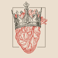 Heart with royal crown, illustration in medieval engraving style