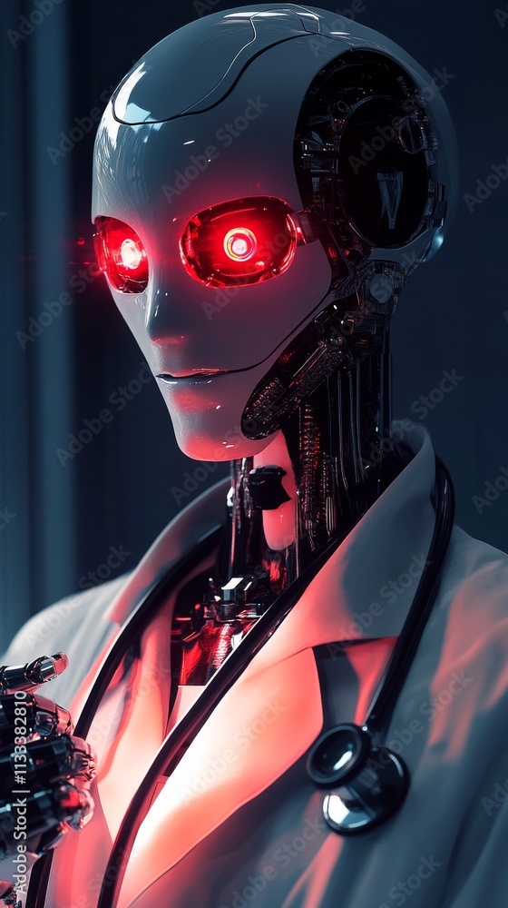Poster a futuristic humanoid ai robot doctor, dressed in a white lab coat with a stethoscope, displays glow