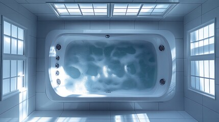Aerial view of a modern bathtub filled with bubbly water, surrounded by windows.