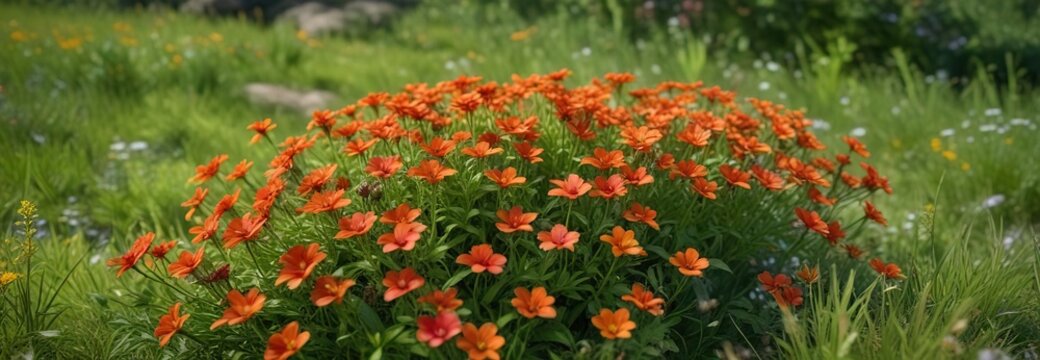 Cluster of bright orange and red wildflowers in a lush grassy area, colorful, grassy, cluster, red