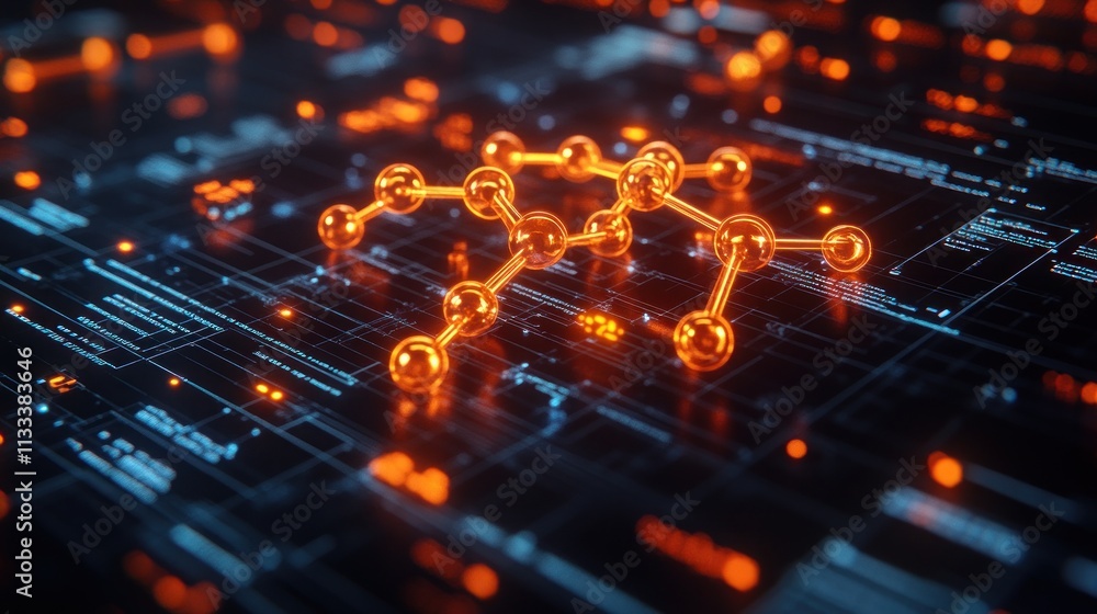 Poster a digital representation of molecular structures on a tech-inspired background.