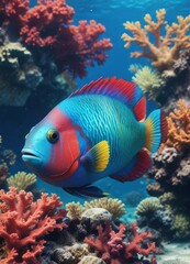 Obraz premium Colorful parrotfish against a backdrop of blue waters and red sea corals, marine life, snorkeling
