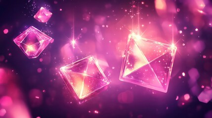 Fototapeta premium Glowing pink crystals float in a dark, bokeh-filled background.