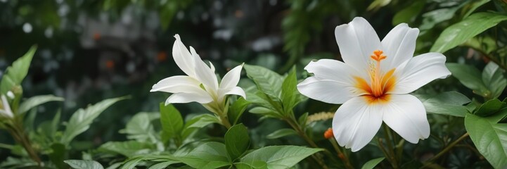 Fototapeta premium Eye-catching white petal with bright orange pistil surrounded by green foliage, foliage background, vibrant plant, environment-friendly, botanical detail
