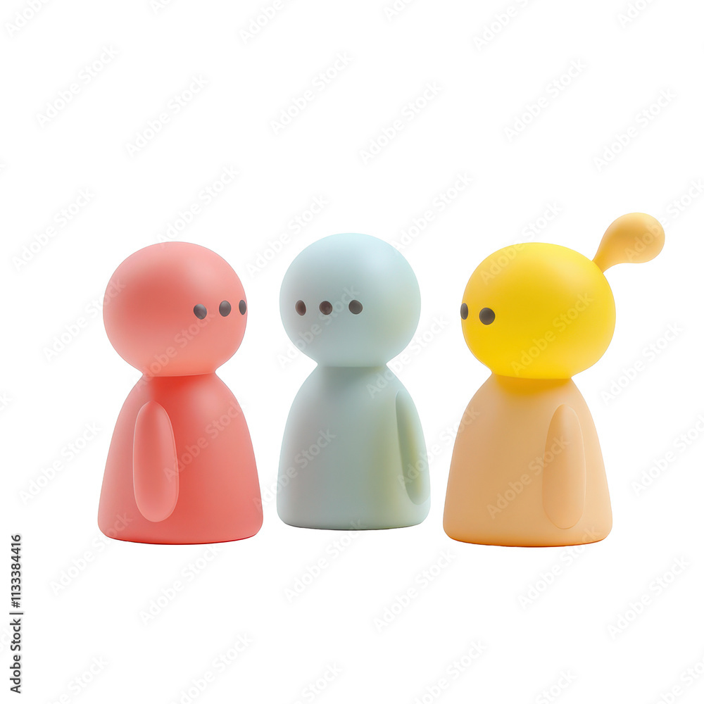 Poster minimalist icon figures in conversation with vibrant speech bubbles expressing thoughts and ideas, 3