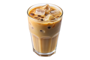 A glass of creamy iced coffee with visible condensation droplets, isolated with no background, suitable for stock image