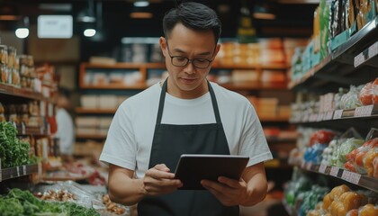 Male Asian Grocery Store Manager Uses Digital Tablet To Conduct Regular Inventory And Control Goods Order In Supermarket.