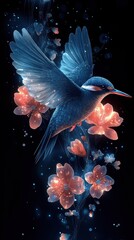 Obraz premium A vibrant illustration of a bird in flight surrounded by glowing flowers against a dark background.