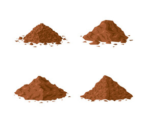Dirt piles. Set of brown geometric soil heaps in flat style. Vector illustration isolated on a white background. Ground clipart for construction, agricultural, environmental designs.