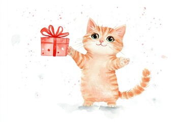 Adorable watercolor kitten holding a red gift box with ribbon International Cat Day