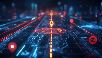 The Future Of Road Navigation: A Digital Gps Map Displaying Road Directions, Holographic Route Data, Location Tracking, And Dashboard Features.