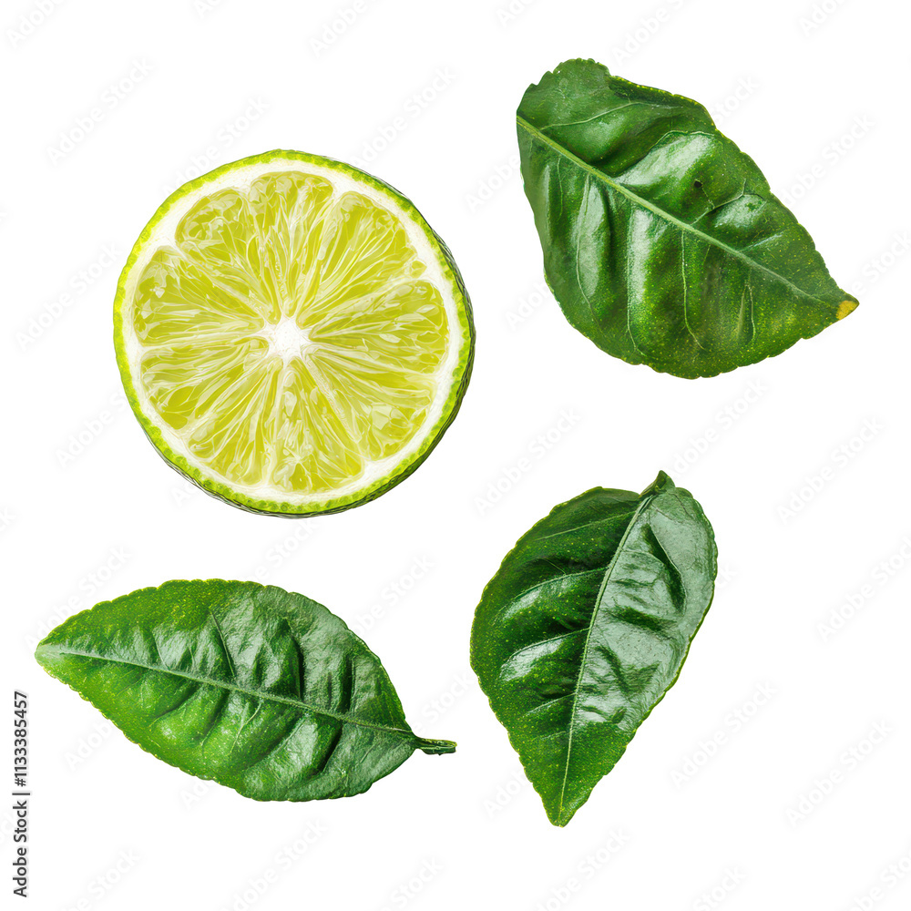 Poster fresh bergamot slice with green leaves isolated on a clean transparent background highlighting its v
