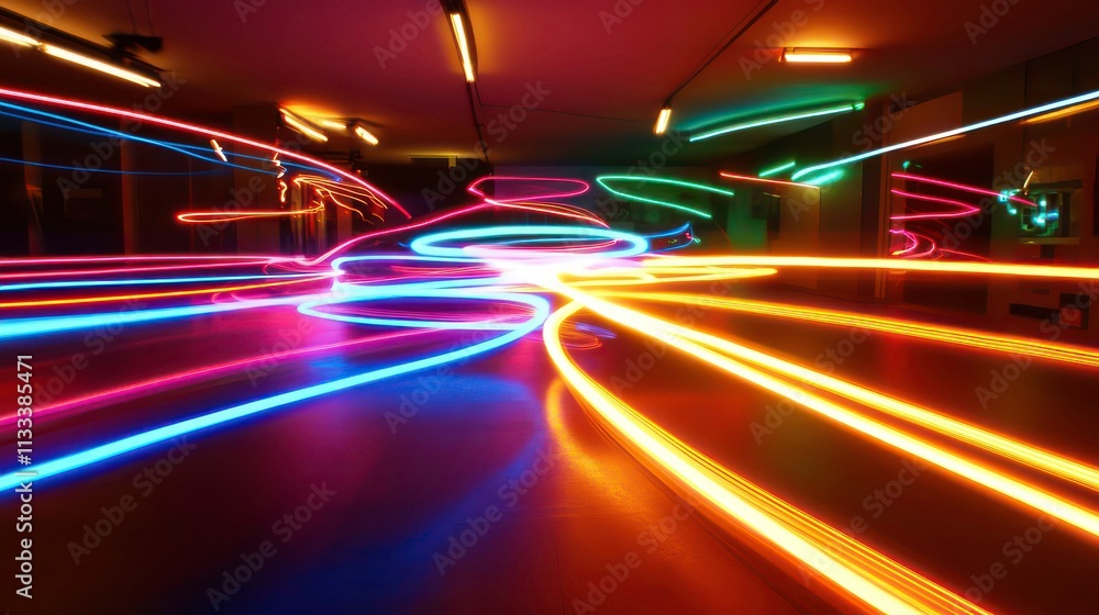 Poster abstract light trails create vibrant, swirling patterns on a dark floor, showcasing dynamic energy a