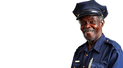 A police officer senior african man on white background
