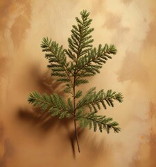 Fototapeta premium Fir branch arrangement against a warm, golden brown abstract background, foliage, cozy, forest