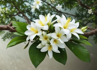 Fototapeta premium Delicate white frangipani flowers on green tree branch, beauty, close-up, yellow center, plumeria petals, floral cluster
