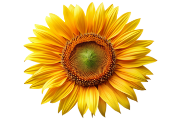 A fully bloomed sunflower with bright yellow petals and detailed textures, on a transparent background