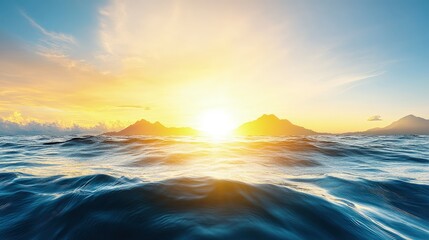 Fototapeta premium Vibrant sunset over ocean waves and silhouettes of distant mountains.