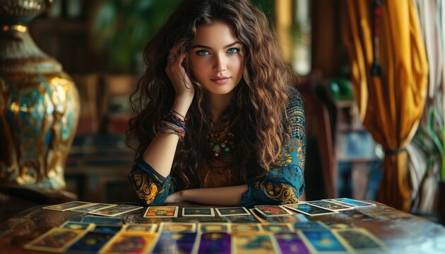Mysterious Woman Channels Gypsy Witch Vibes, Using Tarot Cards To Predict The Future As A Fortuneteller Or Clairvoyant