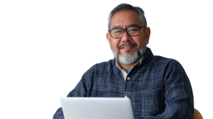 Mexican middle age male Employee IT specialist sit at work with laptop on white background