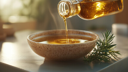 Golden Olive Oil in Ceramic Bowl with Rosemary Sprig