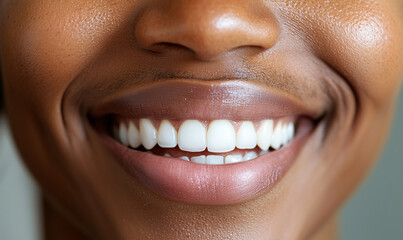 A close-up of a smiling face showcasing healthy, white teeth and smooth skin, radiating positivity and confidence.