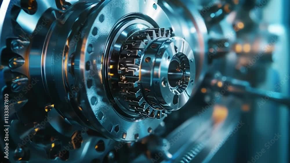 Poster close up view of a complex modern industrial machine operating with rotating gears. the machine is m