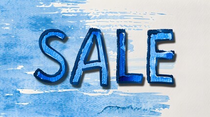 Blue "SALE" text with watercolor brush strokes on a white textured background. Creative promotional design for advertising, marketing, and discount campaigns

