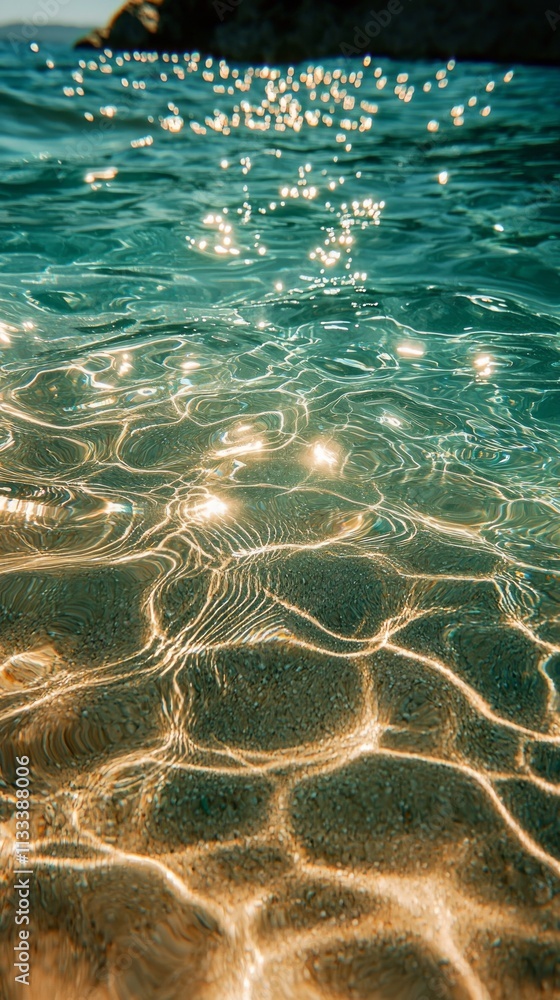 Aufkleber Soft light filters through the surface, creating mesmerizing patterns on the sandy floor below. Gentle waves caress the shoreline, inviting peaceful contemplation on a sunny day