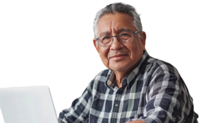Mexican middle age male Employee IT specialist sit at work with laptop on white background