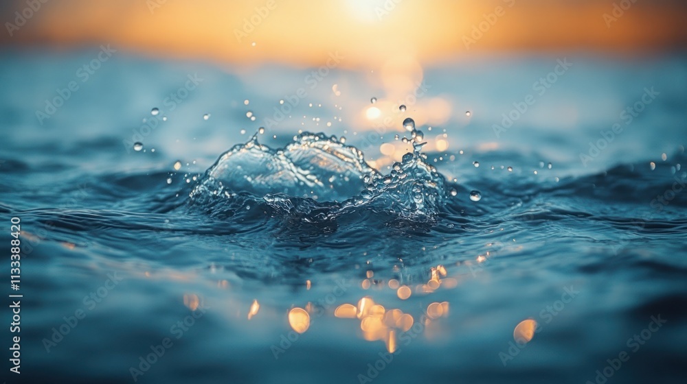 Poster a close-up of water splashes reflecting sunlight, creating a serene and dynamic atmosphere.