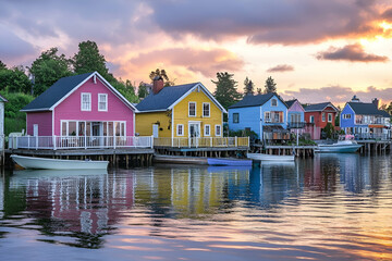 Obraz premium Vibrant waterfront cottages with colorful facades at sunset. illustrations