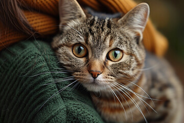 Closeup of a tabby cat nestled against a person wearing a green sweater.