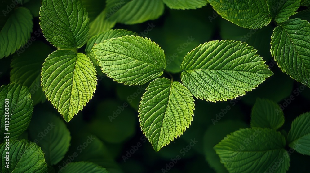 Poster large green leaves display their intricate textures and patterns, glistening softly in the gentle li