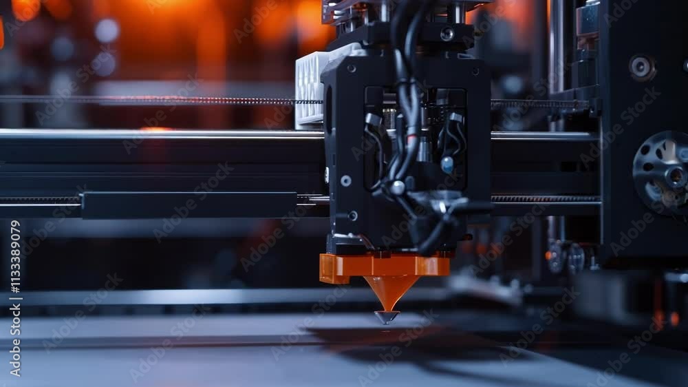 Aufkleber close up of a 3d printer head creating an object layer by layer. the orange nozzle is moving precise