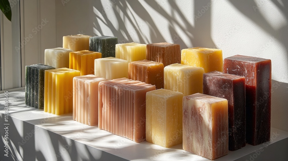 Poster a beautiful display of handmade artisan soaps in various shapes and colors with soft natural lightin