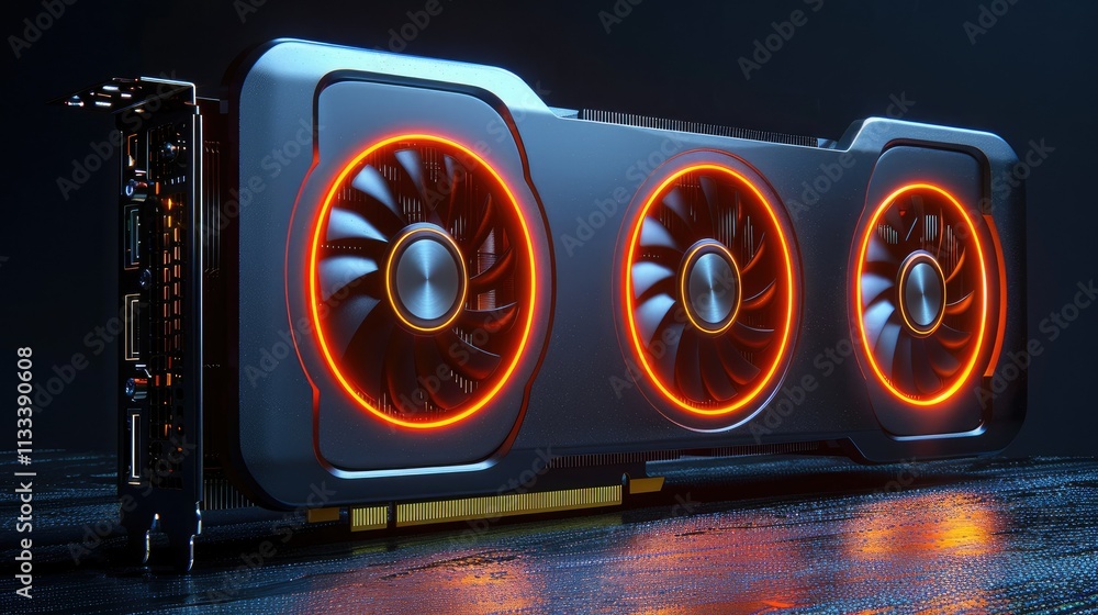 Poster a high-performance graphics card with illuminated fans, designed for gaming and computing.