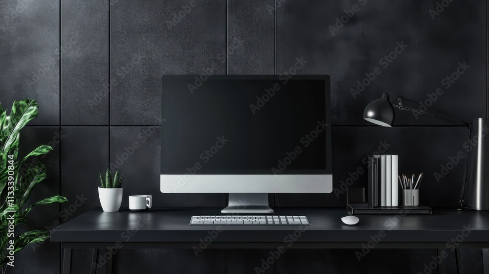 Aufkleber mockup composition featuring a computer and 3d geometric figures, clean and modern style