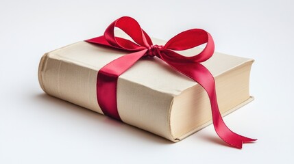 Gift wrapped hardcover book with red ribbon bow on white background, International book giving day