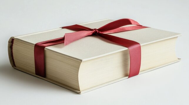 Elegant gift-wrapped book with red ribbon on white background, International book giving day