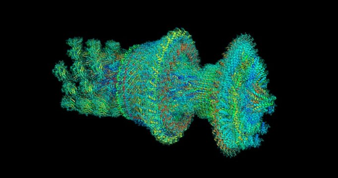 Bacterial flagellar motor-hook complex, molecular machine, 3D molecule spinning 4k
