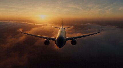 Airplane flying above clouds during sunset, showcasing travel.